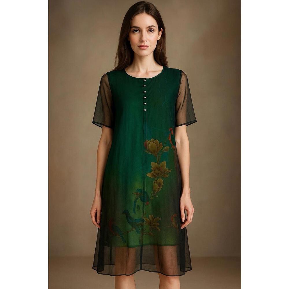 Artistic Bird & magnolia Print green Sheer Midi Dress Linen Blend Sz L/XL